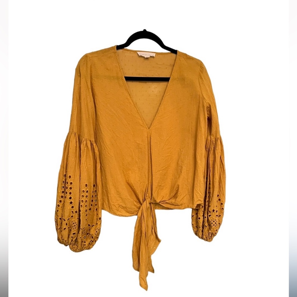(3 for $25) LoveStitch Mustard Eyelet Rhapsody Top, Balloon Sleeve, Front Tie, S